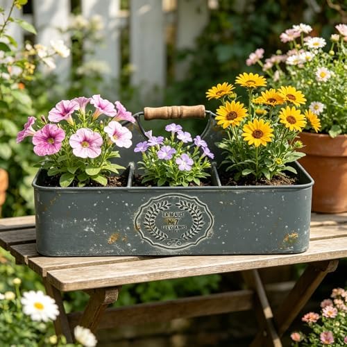 Vintage Metal Planter with Wooden Handle, Rustic Flower Pot with 6 Compartment Farmhouse Plants Holder Succulents Tubs for Garden Patio Yard Outdoor Decor (Blue - 6 Compartment) - Image 5