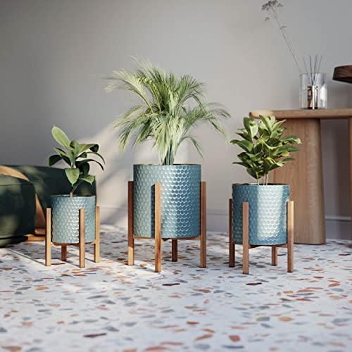 EverNest Mid-Century Modern Rhys Honeycomb Embossed Planter Pot with Kinsley Wood Stand, Metal Indoor Plant Pots, Blue Green Bohemian Style (Set of 3) - Image 2