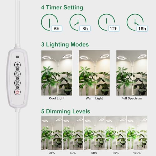LBW Dual Head Grow Light with Stand for Indoor Plants, Full Spectrum Grow Light for Multiple Tall Plants, Adjustable Height up to 68", Auto Cycle Timer 6/8/12/16H, 5-Level Dimmable, 3 Lighting Modes - Image 3