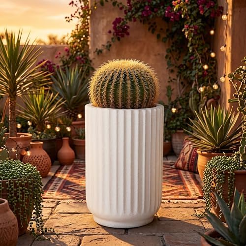 20" Tall Indoor Outdoor Planter, Modern Fluted Big Round Plant Pot ,White - Image 5
