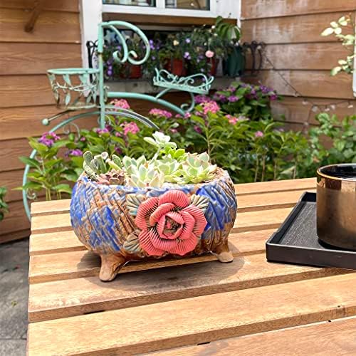 6.3 Inch Succulent Pot Handmade Flower Design Round Ceramic Antique Plant Pot Cactus Pot Planter with Drainge and Mesh Pad (Red) - Image 2