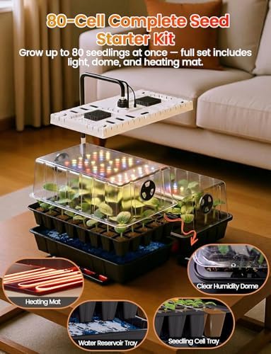 MetryGrow 48W Full Spectrum LED Grow Light Seed Starter Kit, 80-Cell Tray with 30W Heating Mat & Adjustable Dome, Waterproof Germination System for Healthy Indoor Seedlings - Image 4