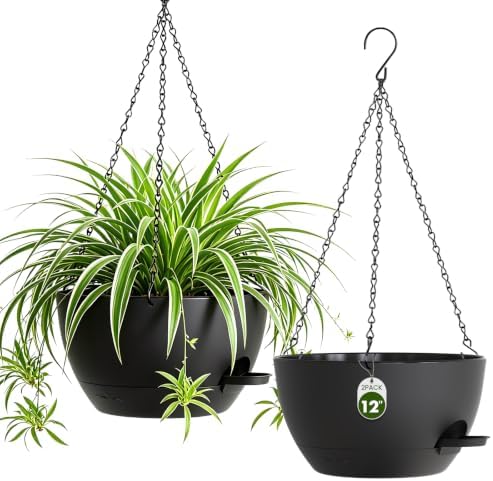 12 Inch Large Self Watering Hanging Planters 2 Pack with Saucers by Areutxbis