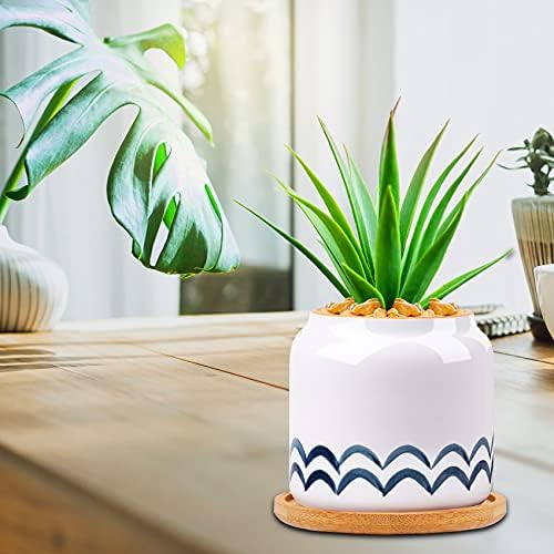 Succulent Pots, 3.5 Inch Small Succulent Planters with Drainage for Plants Live, Hand-Painted Ceramic Pot Flower Pots Bonsai Pots with Bamboo Tray, Unique Gifts for Women/Men, 4 Pack (Abstract) - Image 5