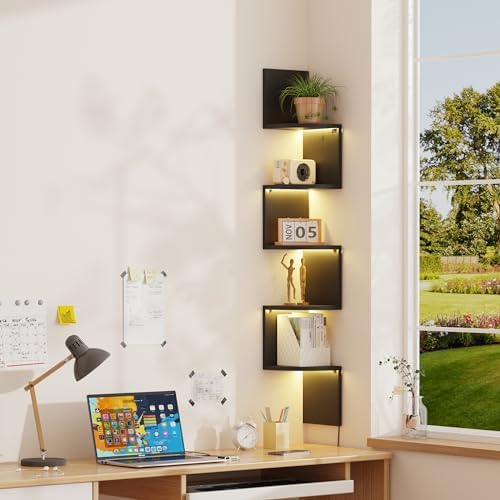 Qupui 5-Tier Tall Corner Shelf with LED, 57" Wall Shelf, Black - Image 3
