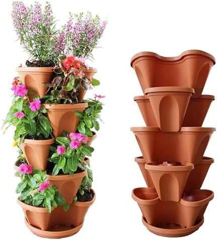 Nature’s 5 Tier Stackable Vertical Garden Planter – Patented Self-Watering Strawberry Tower for Indoor/Outdoor Use – Stacking Pots for Herbs, Tomatoes, Carrots, Vegetables & More (Terracotta) by NaturesDistributing