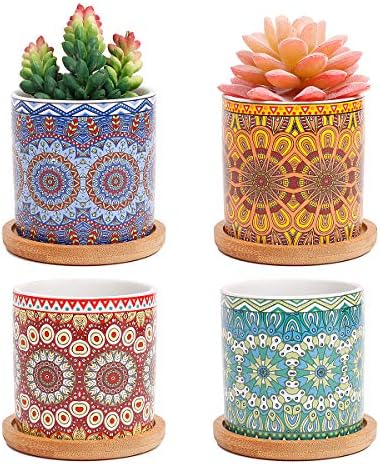 4 pcs 3.0 inches Ceramic Succulent Planters - with Bamboo Trays, Small Plant/Cactus/Bonsai/Flower Container Pots Gift with a Drainage Hole for Windowsill and Office Table Home Decor by ROSE+CREATE