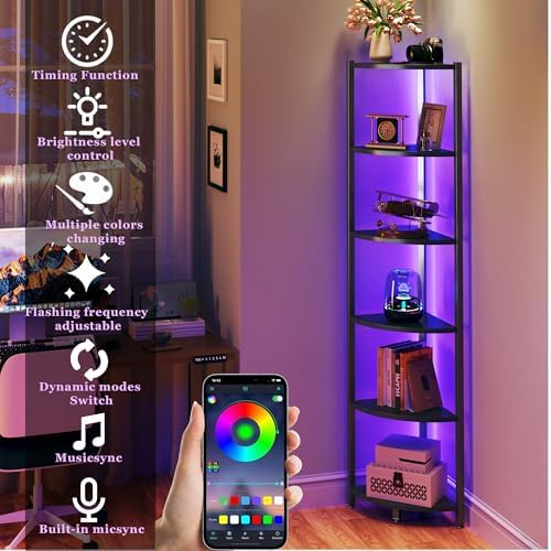 Corner Shelf with LED Lights, 6-Tier Corner Bookshelf, 66'' Organizer Book Shelf Shelves Steel Frame Display Stand with Living Room, Bedroom, Study, Black - Image 5