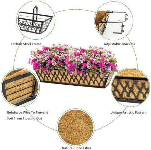 2 Pack 16 Inch Window Boxes Planters Railing Planter Box with Adjustable Brackets for Porch Fence Patio Balcony Hanging Flower Baskets with Coco Liners for Outdoor Garden Decor - Black - Image 3