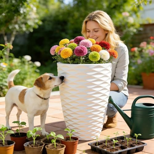 2-Pack 19" White Resin Tall Outdoor Planters with Wave Texture - Image 4