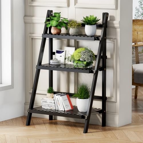 39.4" Foldable Ladder Shelf Plant Shelf, 3 Tier Bamboo Ladder Bookshelf - Image 3