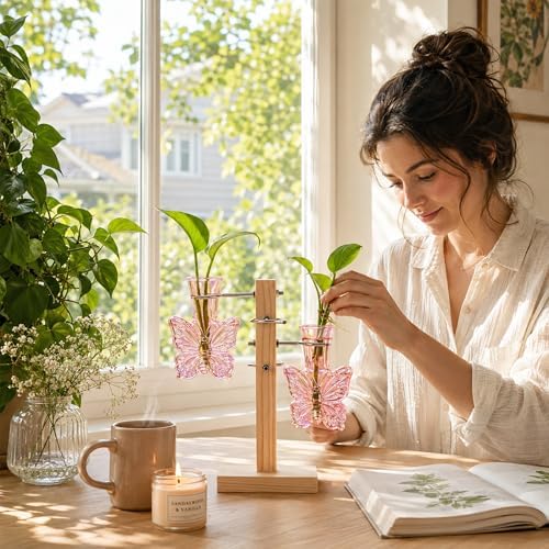 Nacome Plant Terrarium Propagation Stations: Pink Vase with Wooden Stand - Image 6