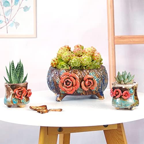 6.3 Inch Succulent Pot Handmade Flower Design Round Ceramic Antique Plant Pot Cactus Pot Planter with Drainge and Mesh Pad (Orange) - Image 3