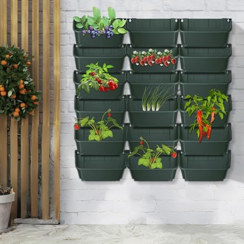 Vertical Wall Planter with 18 Pots, Hanging Garden Plant Flowerpot Holder, Stackable Wall-Mounted Planter, Balcony Planters for Flowers Vegetables Fruits (Dark Green, 18 Pots) - Image 5
