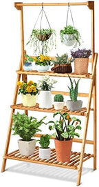 GIANTEX 3-Tier Hanging Bamboo Plant Stand Storage Shelf, Folding Design by Giantex