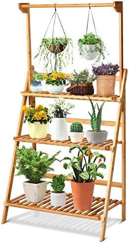 GIANTEX 3-Tier Hanging Bamboo Plant Stand Storage Shelf, Folding Design by Giantex