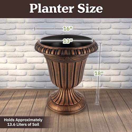 Outdoor Planter 2-Pack - 16x18-Inch Urn Planters for Front Porch Decor, Indoors, Patio or Entryway - Plastic Plant Pots - Large Decorative Flower Pots by Pure Garden (Rustic Bronze) - Image 6