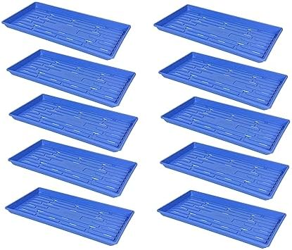 SUNPACK 10" x 20" Heavy Duty Shallow Plastic Seed Starting Tray, Blue, 1" (Pack of 10) - Lined with Drainage Holes for Excess Water and Aeration, Ideal for Greenhouses or Indoor Gardening by SUNPACK