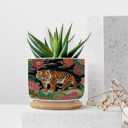 Chinoiserie Tiger Ceramic Planter Green and Turquoise Tiger Stripe Planters for Outdoor Plants with Drainage Holes and Saucers Pot for Pots Outdoor Indoor Plants - Image 7