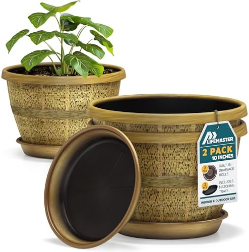 10-Inch Whiskey Barrel Planters Outdoor Pack of 2 - Durable Plastic Plant Pots for Indoor & Outdoor Use with Drainage & Saucer, Lightweight Rustic Barrel Planters for Flowers, Herbs & Small Plants by LIFEMASTER