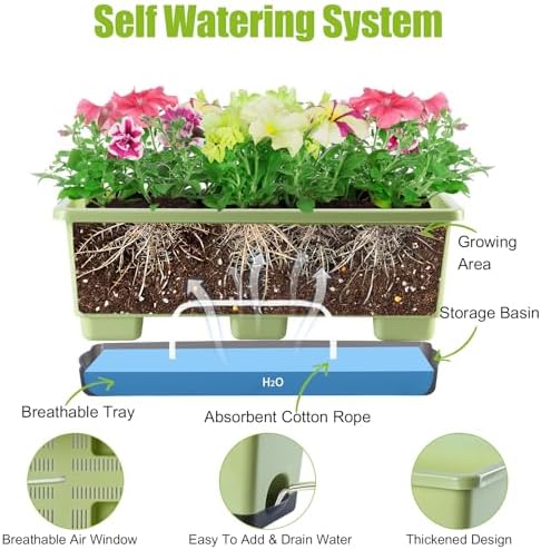 Oliz Window Box Planter 8 Pcs, 17 Inches Rectangle Flower Pots with Drainage Holes & Trays, Vegetable Planters for Windowsill Patio Garden Balcony Home Indoor Outdoor (Light Green, 16 * 7 * 6 inch) - Image 2