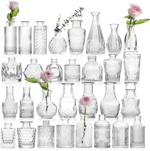 Vintage Glass Bud Vases Bulk 30 Pack, Small Clear Flower Vases by CAKKVDE