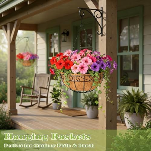 4 Pack 14 Inch Hanging Baskets for Plants Outdoor Metal Hanging Planter Hanging Flower Baskets with Coco Fiber Liners Chain Round Wire Plant Holder Hangings Flower Pots(Plaid) - Image 6