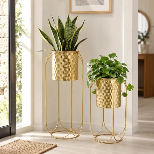 TRIROCKS Set of 2 Planters with Stand Large Gold Planter for Indoor Plants 26 &18" H Morden Plant Pot for Living Room Corner Kitchen Office Garden Balcony Patio Decor(Gold) - Image 4