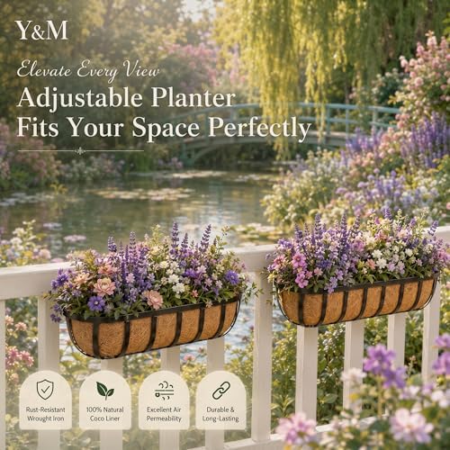 Y&M Railing Planter Boxes 24 Inch 2 Pack, 2-in-1 Adjustable Hanging Balcony Planters with Coco Liners, Heavy Duty Window Box Planters with Support Rods for Outdoor Garden - Image 2