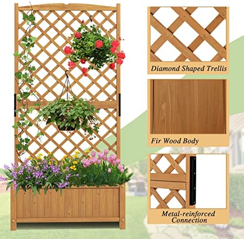 S AFSTAR Raised Garden Bed with Trellis, Indoor & Outdoor Wood Elevated Plant Container with Diamond Shaped Trellis & Drain Hole, Above Ground Garden Bed for Vine Climbing Plants - Image 6