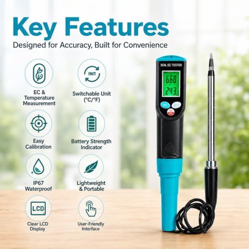 Digital Soil EC Meter 2-in-1 Porfessional Plants EC Temperature Tester Meter with Corded Sensor, Backlight LCD Display, Temperature Compensation, Easy Calibration for Soil Plants Lawn Nutrient Test - Image 2