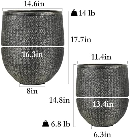 Worth 12" and 14.5" Round Planters, Lightweight Magnesium Oxide Cement Plant Pot, Raised Pattern Concrete Look with Drainage Hole, Black - Image 7
