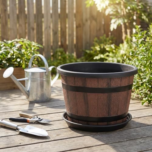 Whiskey Barrel Design Plastic Planter Pot with Saucer, 11.8x8.3in - Image 6