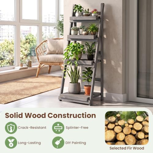 GIANTEX Foldable Wooden Plant Stand, 4-Tier Ladder Plant Shelf, Grey - Image 2