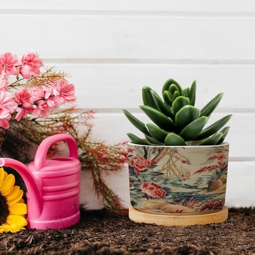 Antique Chinoiserie Ceramic Planters Coral Peony Chic Asian Pots for Plants with Drainage Holes and Saucers Pot for Home Office Desk Garden - Image 5