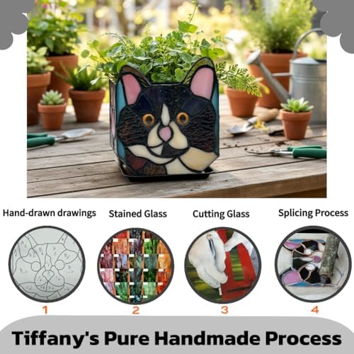 Handmade Stained Glass Black Cat Planter, Decorative Succulent Pot with Drainage, Indoor Plant Holder, Home Decor - Image 2