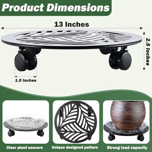 4 Packs Large Metal Plant Caddy with PU Wheels 13" Heav-Duty Wroght Iron Rolling Plant Stands Indoor Outdoor Wheeled Plant Dolly Planter Mover Rollers Plant Trolley Cart, Plant Saucers Included - Image 4