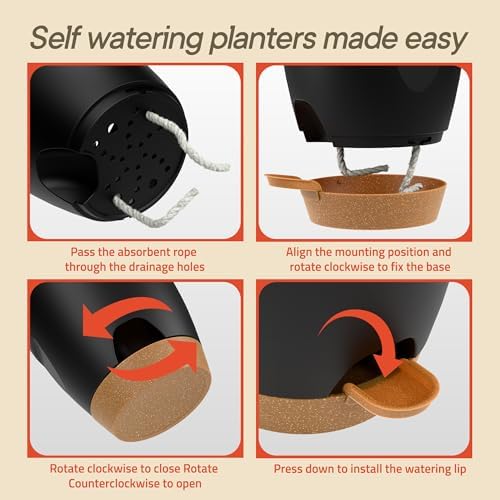 Black Self Watering Pots 20 Pack, Indoor and Outdoor Plant Pots with Wick Rope & Drainage Holes, Easy Watering Lip, Lightweight Plastic Self Watering Planter for Succulents, Houseplants, and Herbs - Image 7