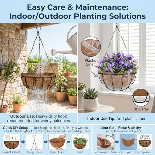 Kingbuy 14" Metal Hanging Basket with Coconut Liner – 6.5" Depth, Rust-Resistant Wire for Ferns & Herbs, Adjustable Chains & S-Hook for Balcony Porch Kitchen Window, 2 Pack - Image 3