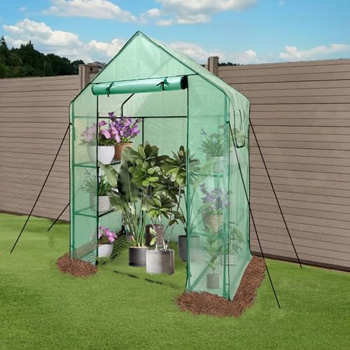 Heyfurni Walk in Greenhouse with Shelves,Walk-in Plant Green House with Durable Green PE Cover, 3 Tiers 6 Shelves Stands with Ground Pegs & Ropes for Stability, 56"x28"x76" - Image 2