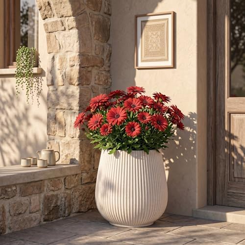 16" Pear-Shaped Fluted Outdoor Planter, Off-White, Modern Round Plant Pot - Image 2