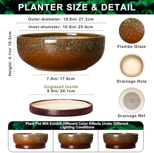 Bonsai Tree Pots 10 Inch, Ceramic Succulent Pots, Speckle Brown - Image 2