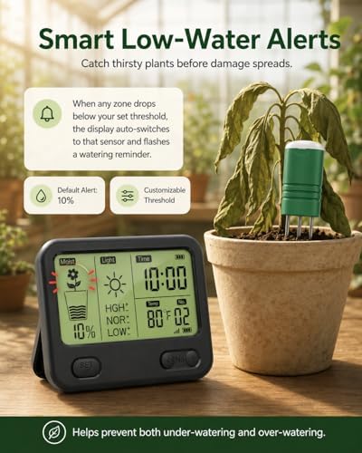 Soil Moisture Meter for Plants, 12-Zone Wireless Plant Water Meter, Soil Thermometer and Light Sensor, 4-in-1 TDR Tester, 230ft Range, IPX5 Waterproof for Indoor Outdoor Garden Lawn (2 Sensor) - Image 4