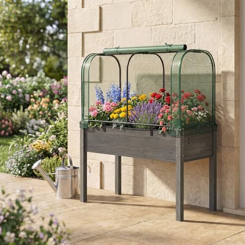 GIANTEX Raised Garden Bed with Cover, Wood Elevated Planter Box with Legs & Mini Greenhouse, Waterproof Sun-Protective PE Green House Cover, Outdoor Use for Fruit Vegetable Flower Herb (Green+Gray) - Image 2
