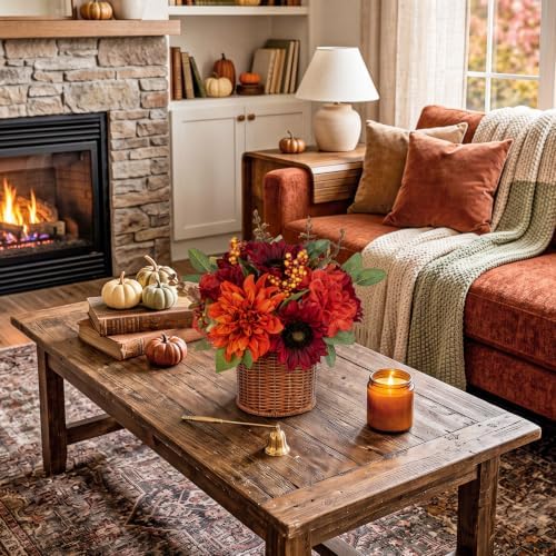 Hollyone 13.8" Hydrangea Fall Flowers Arrangement in Baskets Outdoor Indoor Fake Hydrangea Sunflowers Artificial Flower in Woven Baskets Fall Decor Red Orange Faux Plants Autumn Decorations for Home - Image 7
