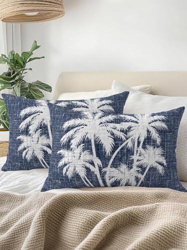 Outdoor Pillows Waterproof Set of 2, Tropical Palm Tree Patio Throw Pillows for Couch Bed Sofa with Insert, Vintage Dark Blue Exotic Botanical Plants Decorative Reading/Camping Pillow Set 12x20 Inch - Image 3