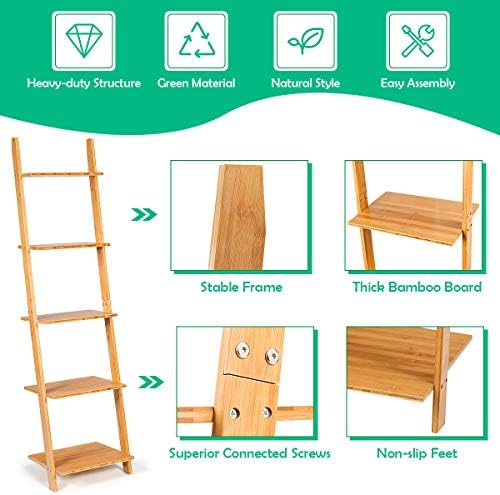 Tangkula Bamboo 5-Tier Ladder Shelf Bookshelf, Wall-Leaning Bookshelf, Plant Flower Stand, Storage Display Shelves for Living Room Bathroom Office, Multifunctional Ladder Bookcase (Natural) - Image 7