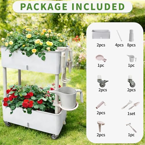 Self-Watering Raised Planter Box with Lockable Wheels,2-Tier Elevated Garden Bed with Visible Water Level Window,Indoor Outdoor Plastic Plant Box for Flowers,Vegetables & Herbs - Image 4