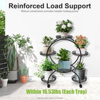 Metal Plant Stands 6 Pots Plants Flower Holder 4 Tier Display Shelf Rack with Wheels for Patio Garden Yard Home Decor Indoor And Outdoor, Round Black - Image 6