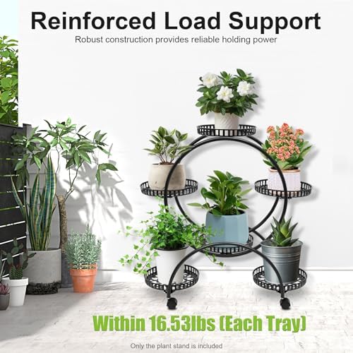 Metal Plant Stands 6 Pots Plants Flower Holder 4 Tier Display Shelf Rack with Wheels for Patio Garden Yard Home Decor Indoor And Outdoor, Round Black - Image 6